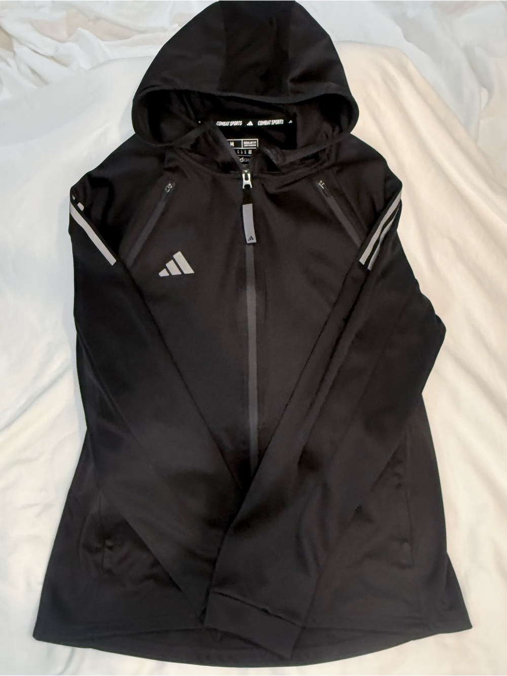 adidas Black Hooded Zip-Front Athletic Jacket with Reflective Trim
